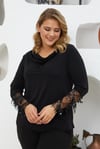 Degaje Yaka Kol Ucu Pul İşlemeli Uzun Kol Bluz-SİYAH