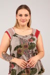 Ön Kısmı Çiçek Desenli Arka Kısmı Çizgili Kısa Kol Tshirt-BEJ