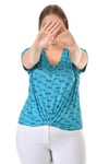 V Yaka Bisiklet Baskılı Önü Düğümlü Yağ Yıkama Tshirt-TURKUAZ