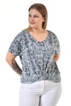 V Yaka Piton Desen Önü Düğümlü Yağ Yıkama Tshirt-AÇIK MAVİ