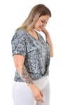 V Yaka Piton Desen Önü Düğümlü Yağ Yıkama Tshirt-AÇIK MAVİ