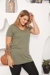 V Yaka Yırtmaçlı Basic Tshirt-YEŞİL