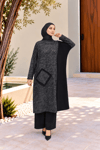 Kadın Bisiklet Yaka Patchwork Tunik Antrasit Siyah
