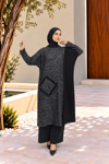 Kadın Bisiklet Yaka Patchwork Tunik Antrasit Siyah