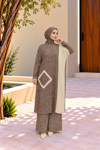 Kadın Bisiklet Yaka Patchwork Tunik Kehve Vizon