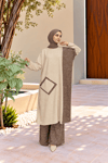 Kadın Bisiklet Yaka Patchwork Tunik Krem Kahve