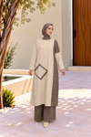 Kadın Bisiklet Yaka Patchwork Tunik Krem Kahve