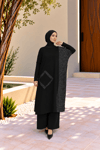 Kadın Bisiklet Yaka Patchwork Tunik Siyah Antrasit