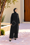 Kadın Bisiklet Yaka Patchwork Tunik Siyah Antrasit