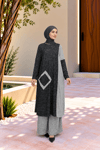 Kadın Bisiklet Yaka Patchwork Tunik Siyah Gri