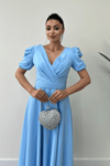 Atlas Kumaş Balon Kol İnci Detaylı Midi Elbise - BEBE MAVİSİ