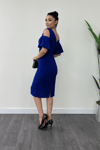 Atlas Kumaş Büzgü Detaylı Kalem Elbise - SAKS MAVİ