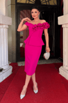 Atlas Kumaş Çiçek Desenli Kalem Elbise - FUŞYA