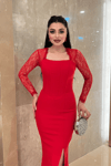 Atlas Kumaş Dantel Detaylı Korseli Abiye Elbise - KIRMIZI