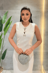 Atlas Kumaş Fiyonklu Taşlı Klasik Elbise - BEYAZ
