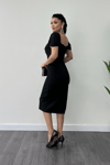 Pearl Detailed Low Neck Evening Dress - BLACK