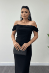 Pearl Detailed Low Neck Evening Dress - BLACK