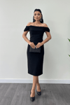 Pearl Detailed Low Neck Evening Dress - BLACK