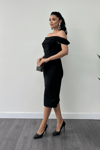 Pearl Detailed Low Neck Evening Dress - BLACK