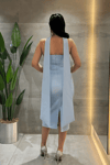 Atlas Kumaş İşleme Detaylı Kalem Elbise - BEBE MAVİSİ