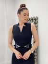 Atlas Kumaş Kemer Detaylı Kalem Elbise - SİYAH