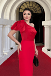 Atlas Kumaş Omuz Organze Detaylı Kalem Elbise - KIRMIZI