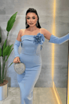 Atlas Kumaş Straplez Eldiven Detaylı Elbise - BEBE MAVİSİ