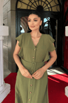 Ayrobin Kumaş Düğme Detaylı Elbise - HAKİ YEŞİLİ