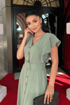 Ayrobin Kumaş Düğme Detaylı Elbise - MİNT YEŞİLİ