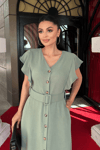 Ayrobin Kumaş Düğme Detaylı Elbise - MİNT YEŞİLİ