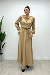 Beli Büzgülü Saten Abiye Elbise - CAMEL