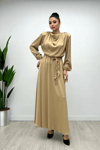 Beli Büzgülü Saten Abiye Elbise - CAMEL