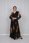 Çiçek Desenli Şifon Elbise - Siyah
