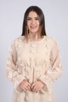 Çiçekli Beli Lastikli Uzun Elbise - Bej