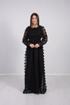 Çiçekli Beli Lastikli Uzun Elbise - Siyah