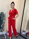 Crep Kumaş Kemerli Tulum - Kırmızı