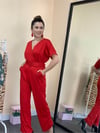 Crep Kumaş Kemerli Tulum - Kırmızı