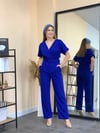 Crep Kumaş Kemerli Tulum - Saks Mavisi