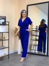 Crep Kumaş Kemerli Tulum - Saks Mavisi