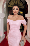 Dantel Kumaş Degaje Yaka Abiye Elbise - PEMBE