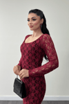 Dantel Kumaş Kare Yaka Balık Elbise - BORDO