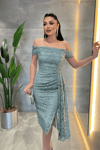 Dantel Kumaş Kayık Yaka Elbise - MİNT YEŞİLİ