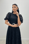 Dantel Kumaş Kolları Balon Kol Maxi Elbise - SİYAH