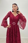 Dantel Kumaş Kolları Volan Detaylı - BORDO