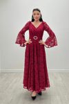 Dantel Kumaş Kolları Volan Detaylı - BORDO