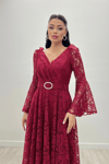 Dantel Kumaş Kolları Volan Detaylı - BORDO