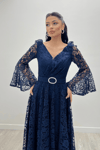 Dantel Kumaş Kolları Volan Detaylı - LACİVERT