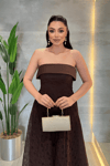 Dantel Kumaş Straplez Elbise - KAHVERENGİ