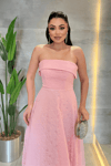 Dantel Kumaş Straplez Elbise - PEMBE