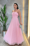 Dantel Kumaş Straplez Elbise - PEMBE